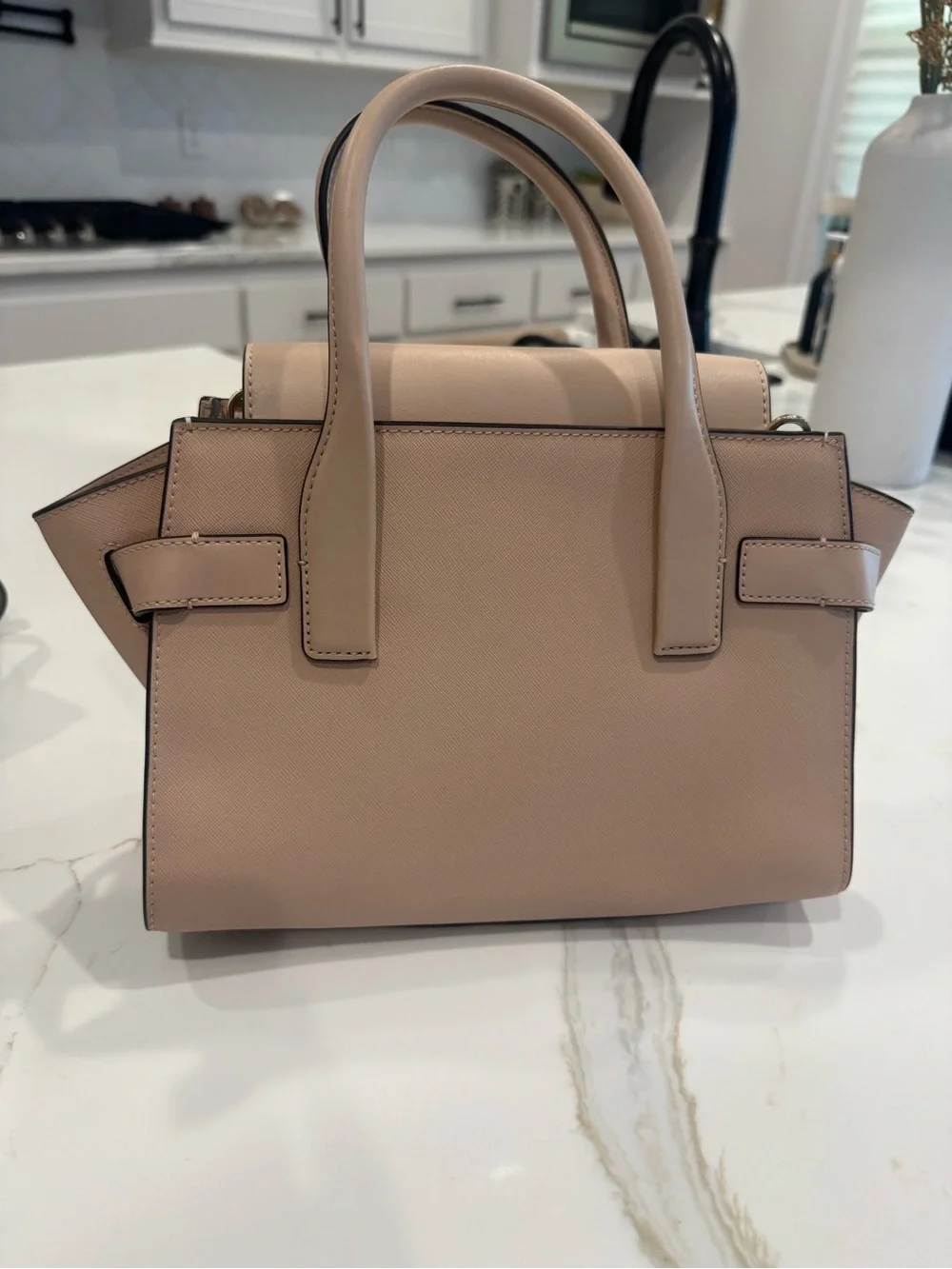 Michael Kors Blush Tan Saffiano Leather Satchel with Gold MK Emblem